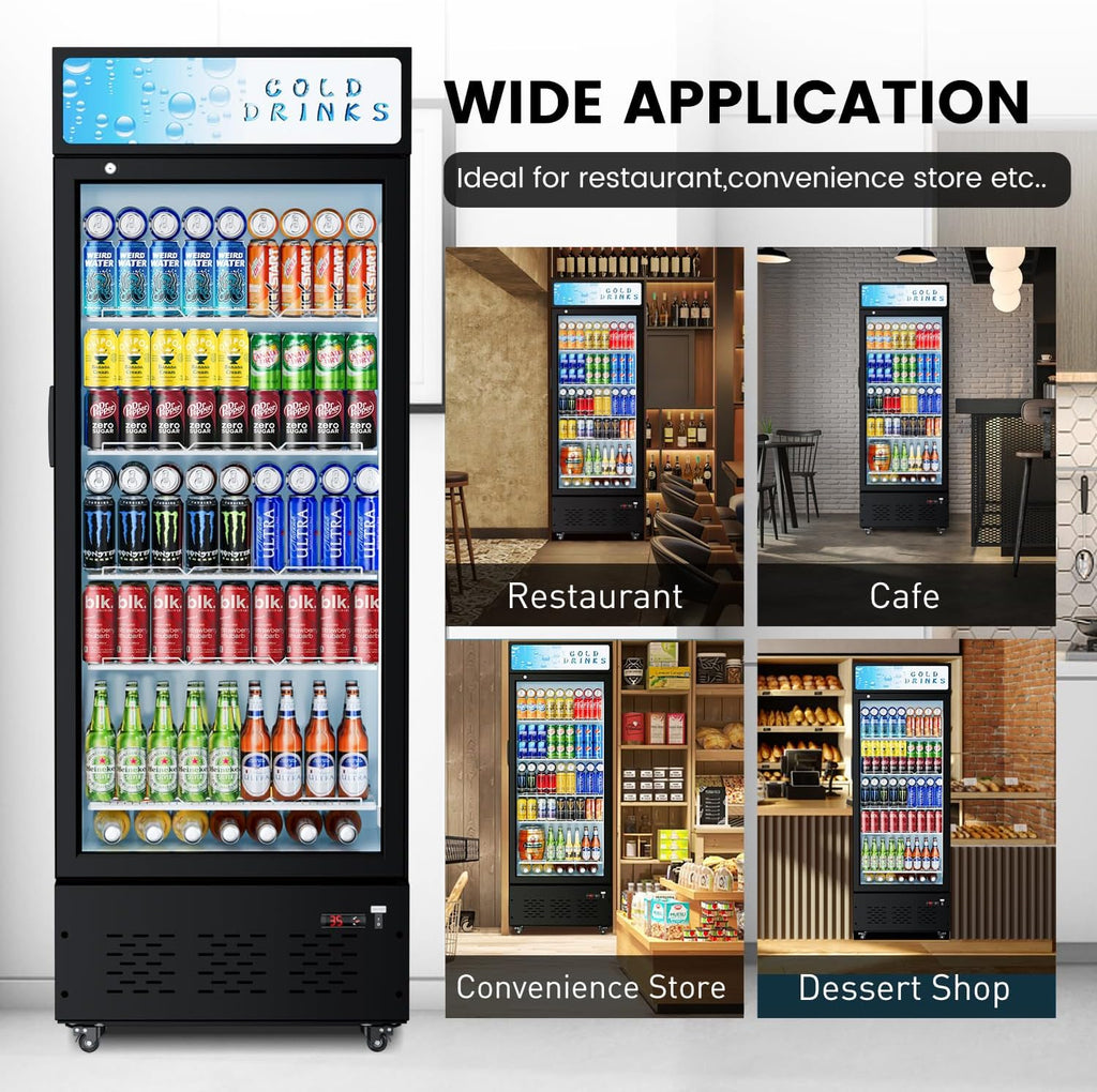 Commercial Beverage Refrigerator, 15 Cu.ft.Display Fridge Glass Door Upright Display Door with Adjustable Shelves LED Light for Restaurant,Grocery Stores,Office