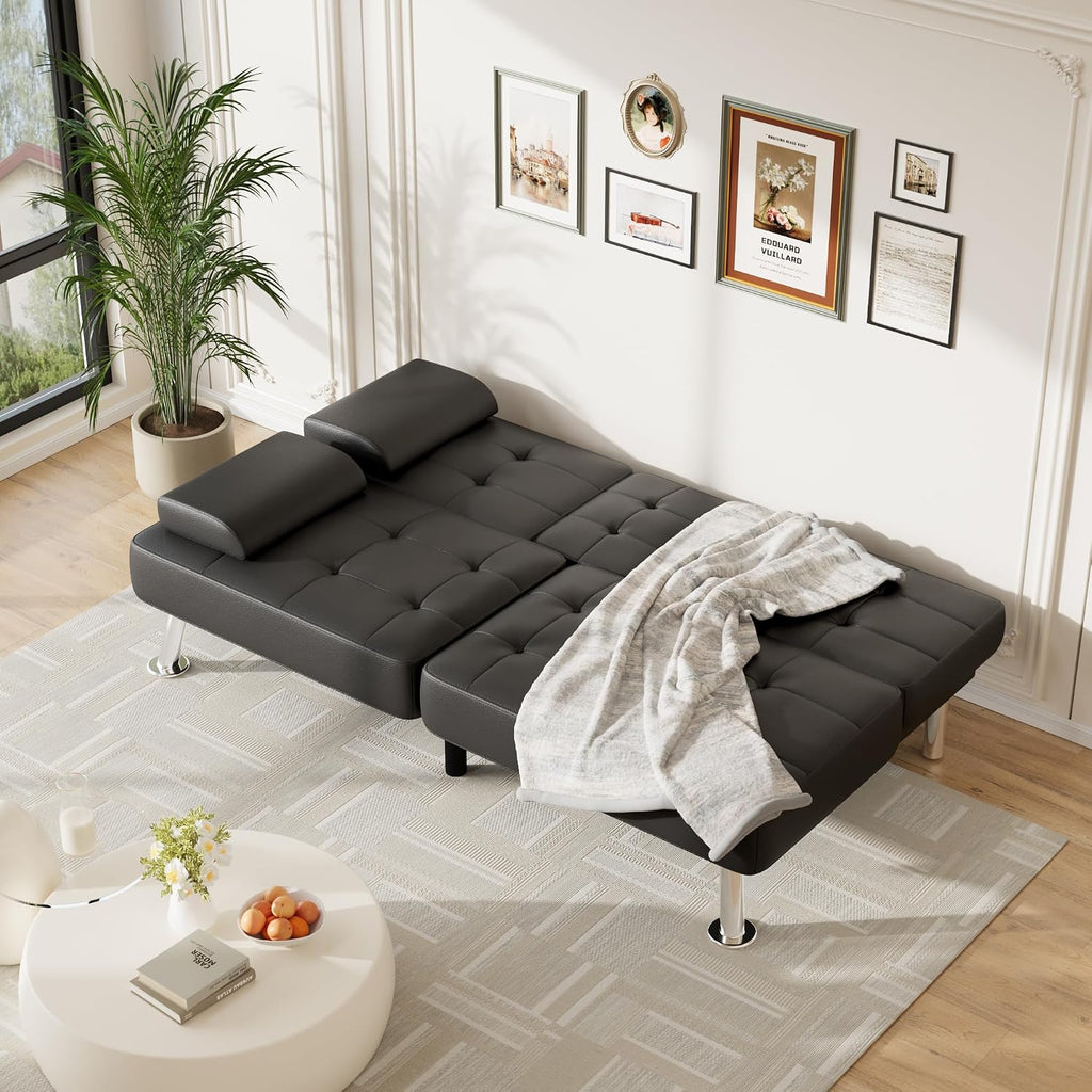 Furmax Futon Sofa Bed Adjustable Futon Couch Sleeper Sofa Bed for Living Room, Business Office, Recliner Sofas with Cup Holders (PU Leather, Black)