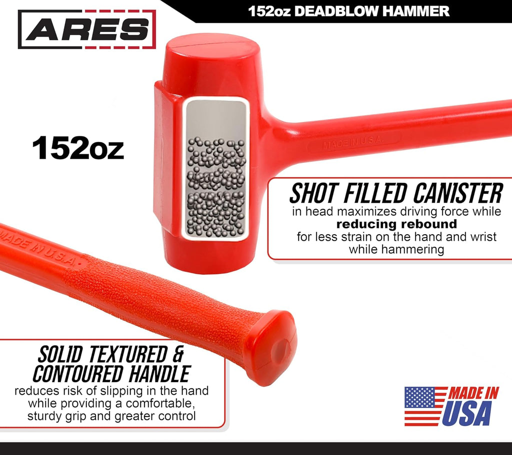 ARES 4131012 – 9.5-Pound Sledge Deadblow Hammer – Steel Shot-Filled Head Breaks Down Debris, Drives Stakes, Indoor and Outdoor Construction – Polyurethane Design Minimizes Rebound - Made in USA