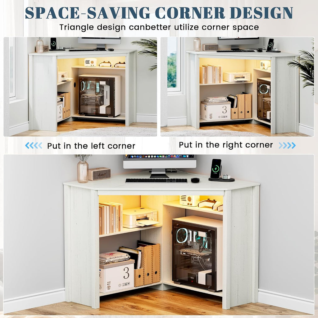 Corner Desk with Charging Station & LED Light, Triangle Computer Desk for Small Spaces with Storage Shelves & CPU Stand, Space Saving Writing & Makeup Vanity Desk -White