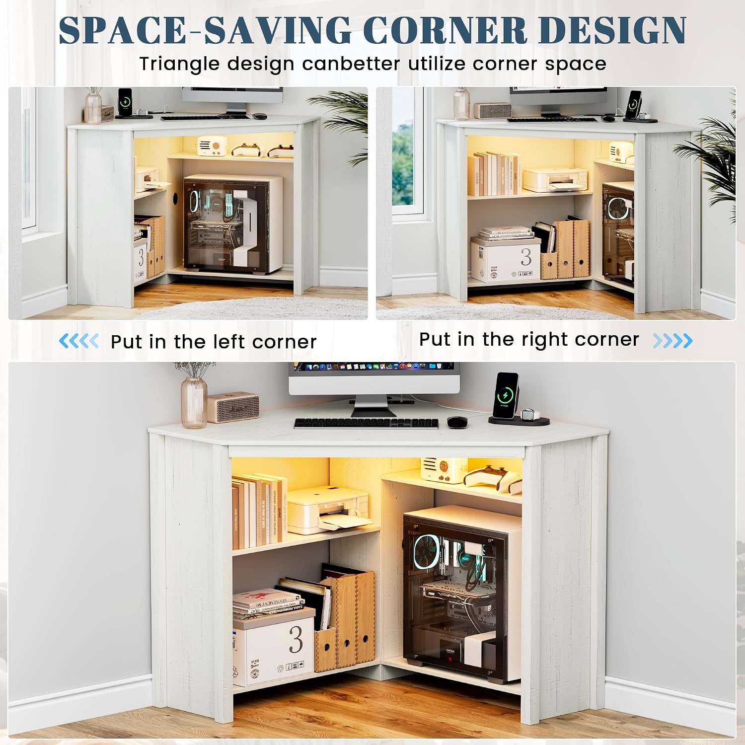 Corner Desk with Charging Station & LED Light, Triangle Computer Desk for Small Spaces with Storage Shelves & CPU Stand, Space Saving Writing & Makeup Vanity Desk -White