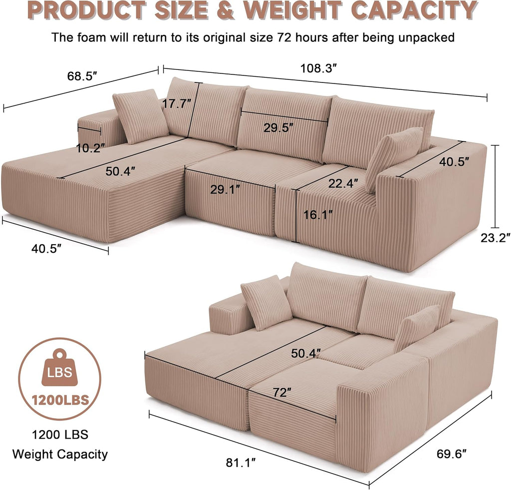 108' Modular Sectional Sofa, Cloud Sectional Couch with Deep Seat, Boneless Couches for Living Room Bedroom, Modern Modular L-Shape Sofa Couch with Chaise (Camel, Left Facing Chaise)