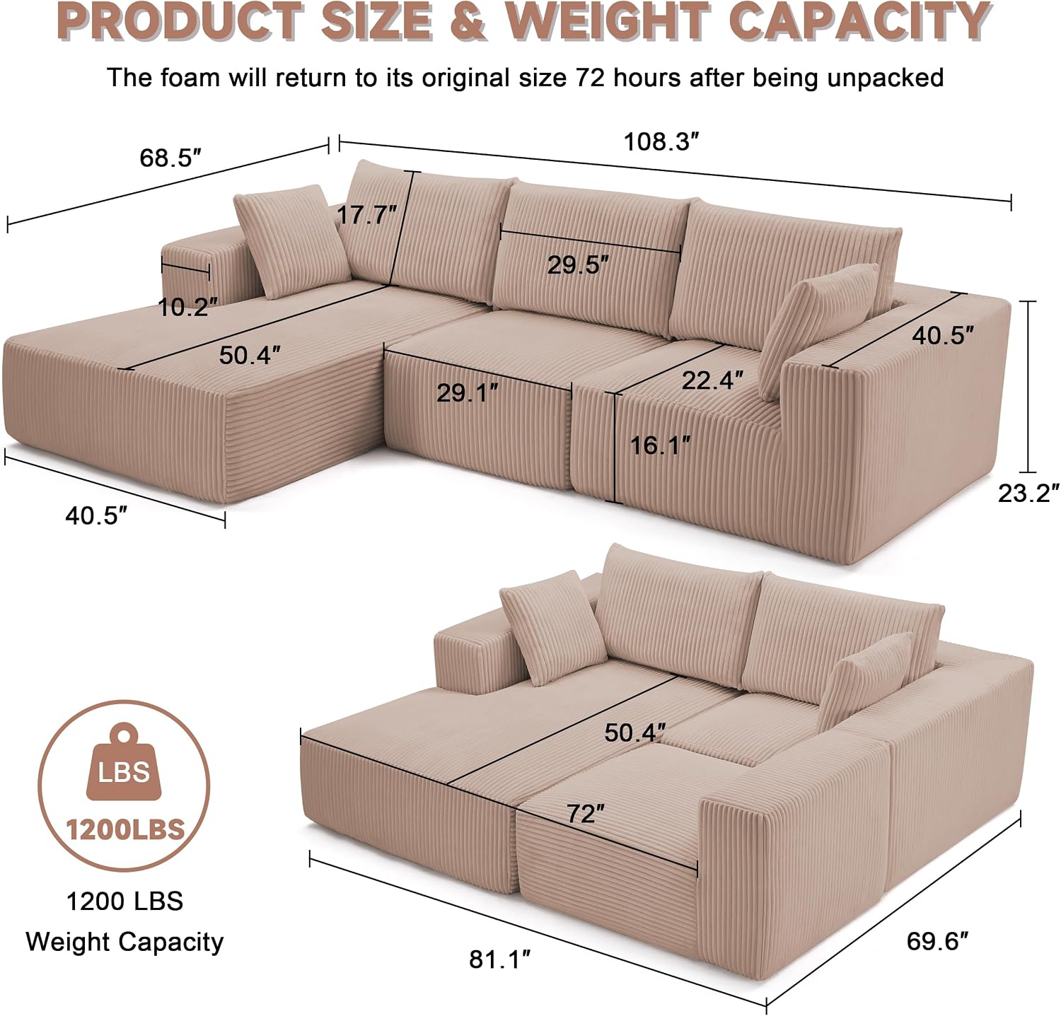 108' Modular Sectional Sofa, Cloud Sectional Couch with Deep Seat, Boneless Couches for Living Room Bedroom, Modern Modular L-Shape Sofa Couch with Chaise (Camel, Left Facing Chaise)