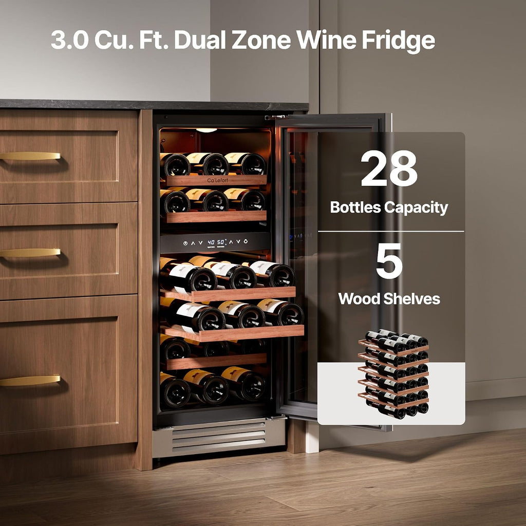 Ca'Lefort 15 Inch Wine Fridge, 28 Bottles Dual Zone 40-65°F Wine Cooler, Adjustable Shelves & 3 LED Light, Wine Refrigerator with Glass Door, Built-in Under Counter Freestanding for Home/Kitchen/Bar