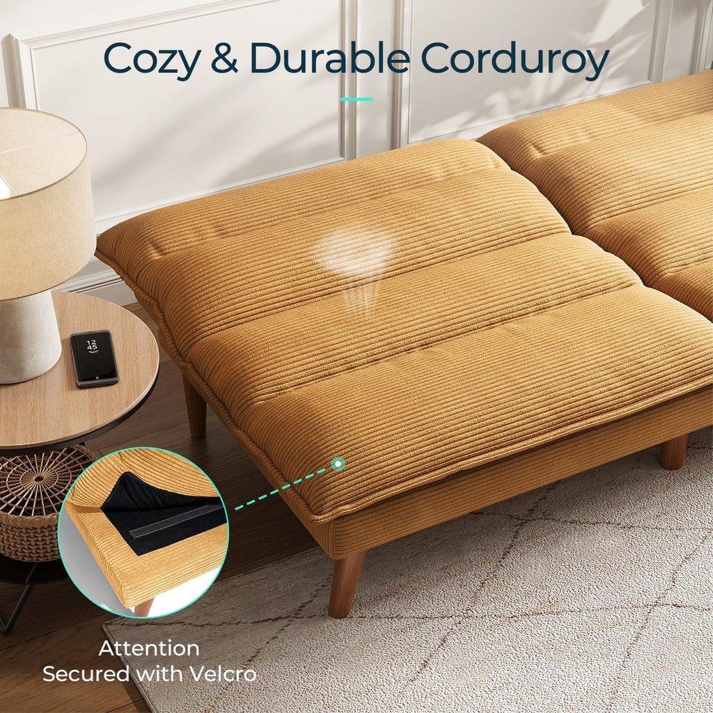 LINSY HOME Futon Sofa Bed - Convertible Corduroy Futon Couch Bed with Adjustable Backrest, Modern Small Loveseat Sleeper Sofa for Small Spaces, Living Room, Apartment or Office (Yellow)