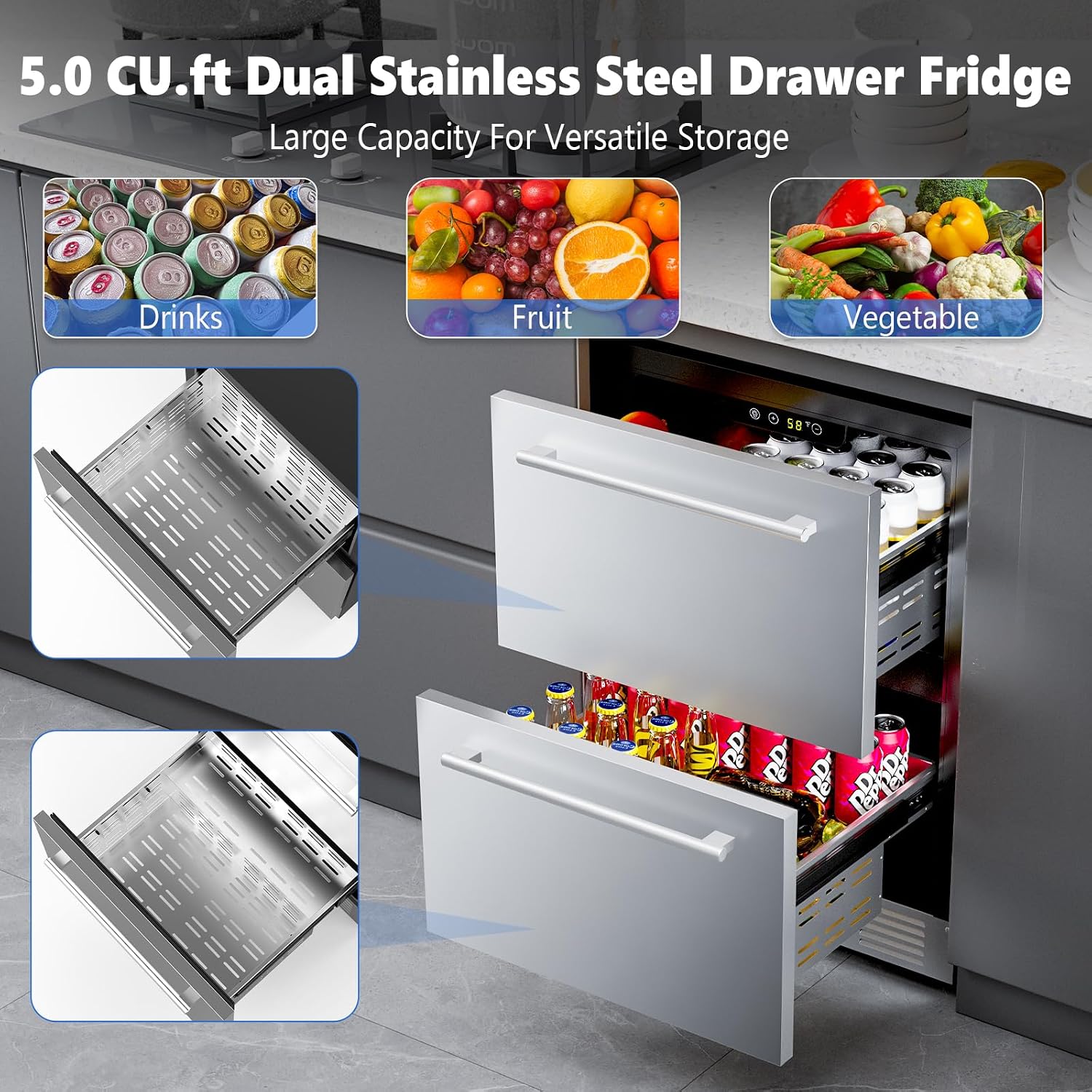 COWSAR Under Counter Double Drawer Refrigerator, 24 Inch Weather Proof Outdoor Beverage Fridge, Built-in Stainless Steel Beverage Cooler, 145 Cans for Kitchen & Commercial, Silver