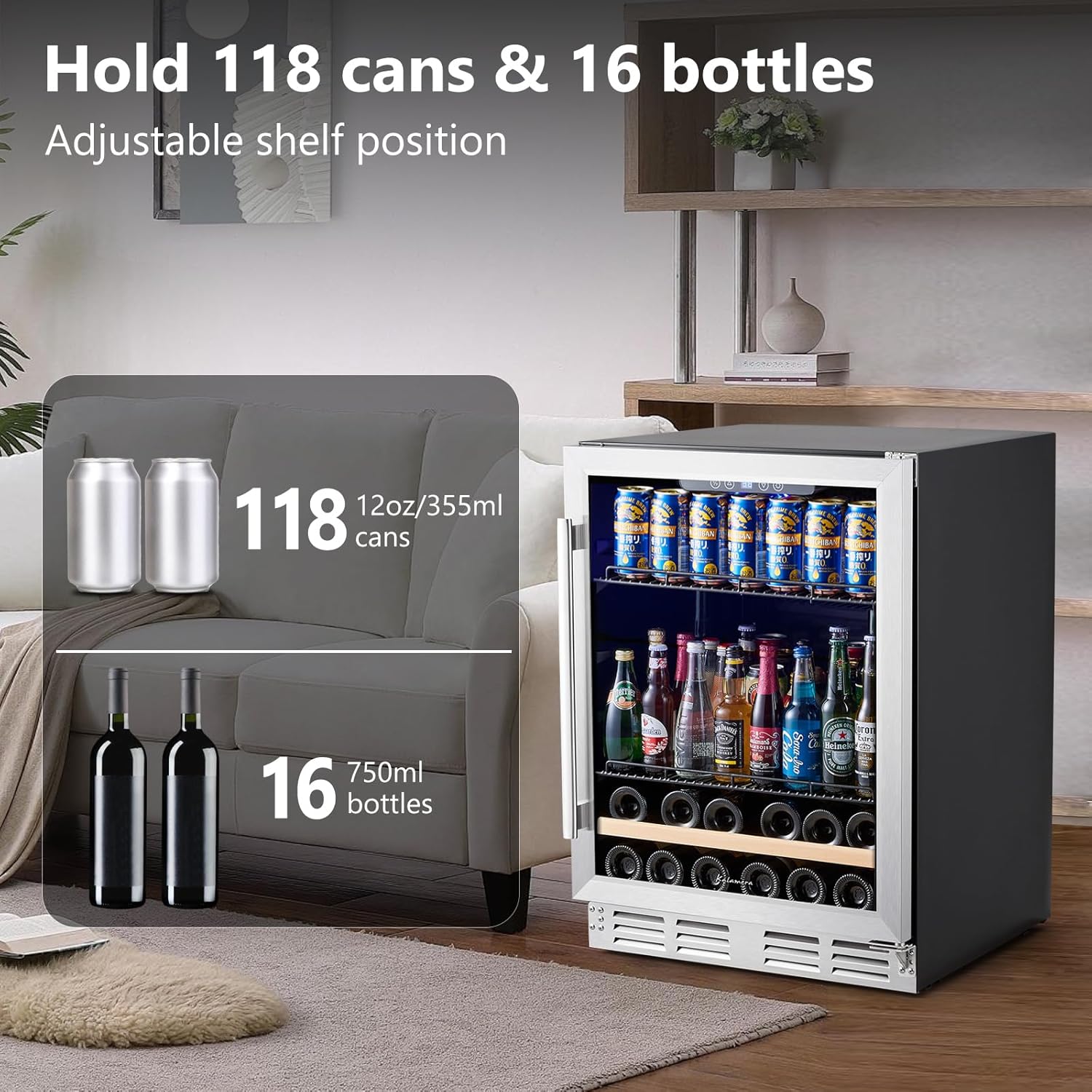 Beverage Fridge 24 Inch Beverage and Wine Cooler Built-in or Freestanding - 120 Cans & 16 Bottles Capacity Wine Refrigerator Cooler