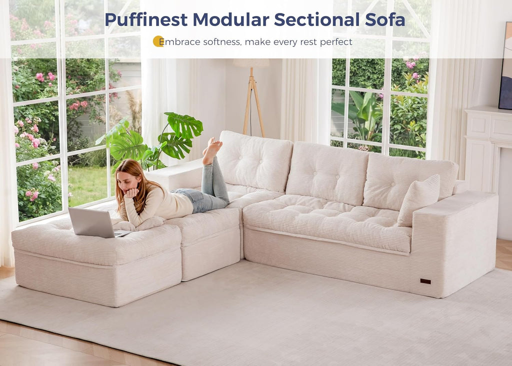 MAXYOYO 104' U Shaped Modular Sectional Sofa with 2 Ottomans, Cloud Boneless Couch with Layered Cushion, Flexible Module Combination Sofa for Living Room, No Assembly Required, Beige