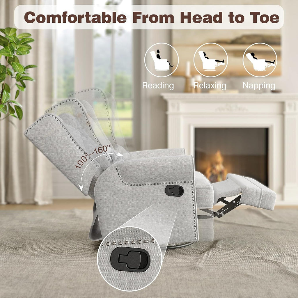 FansaFurn Swivel Nursery Glider Recliner, Comfy Upholstered Glider Chair with Lumbar Pillow and Footrest, Swivel Rocking Chair for Living Room, Grey
