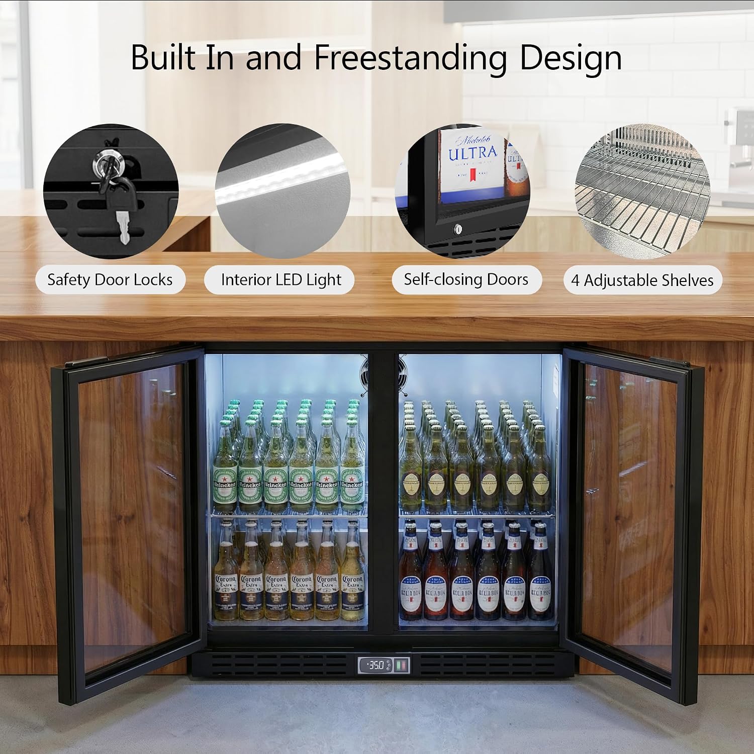 Coolake Back Bar Cooler Refrigerator with 2 Glass Doors, 7.4 cu.ft Commercial Under Counter Height Beverage Refrigerator with LED Lighting, Display Drink Fridge for Home Bar, Man Cave, Garage, Office