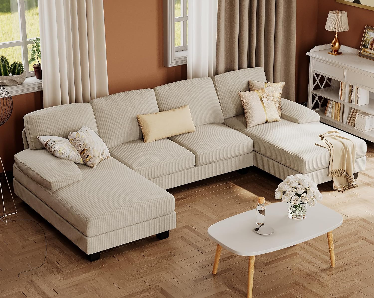 Furmax Sectional Couches for Living Room, U-Shaped Sofa Couch with Linen Fabric, 4 Seat Sofa Set with Double Chaise for Apartment (Corduroy, Beige)