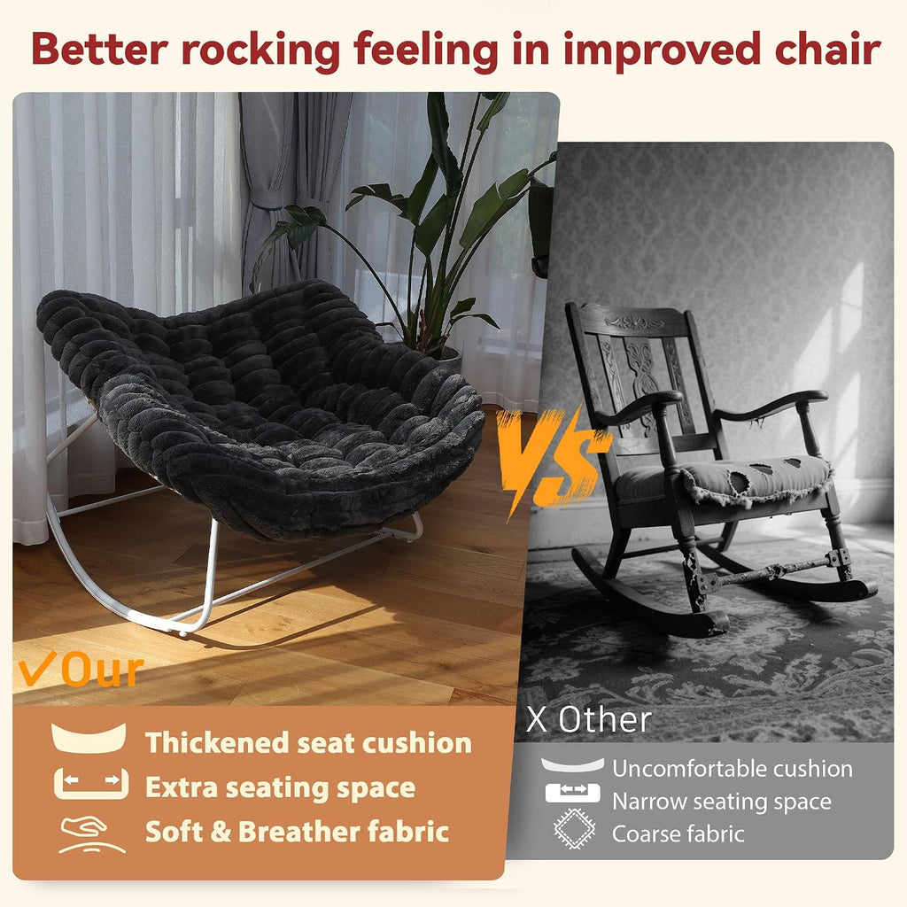 Papasan Rocking Chair, Rattan Rocking Chair, Oversized Outdoor Chair with Deep Seat Thick Cushion, Patio Rocking Chair for Bedroom/Porch/Garden (Deep Grey & White)