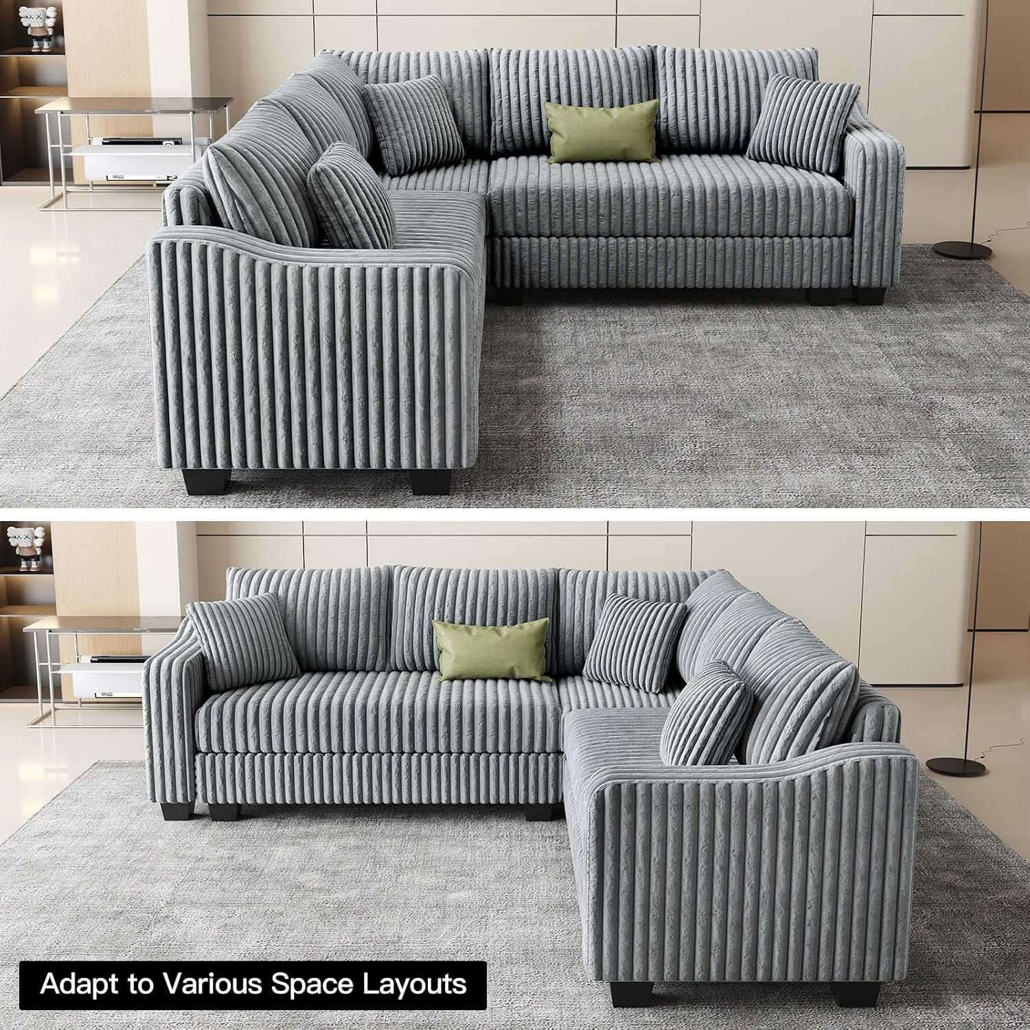 Belffin Convertible Sectional Couch with Chaise Corner Sectional Sofa L Shaped Couch Reversible Corner Upholstered Couches for Living Room Corduroy (Light Grey, V Shaped)