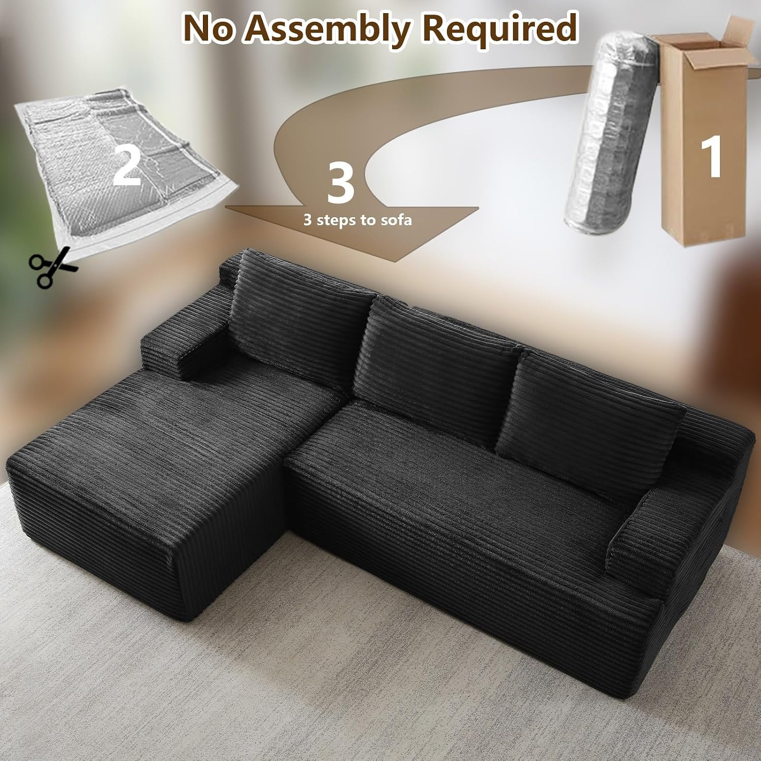 96' Modular Sectional Sofa Couches L-Shape Couch 3 Seat Modular Sofa Corduroy Memory Foam Sectional Boneless Couches for Living Room, Cloud Couch with Oversized Chaise(Black, Left Facing)