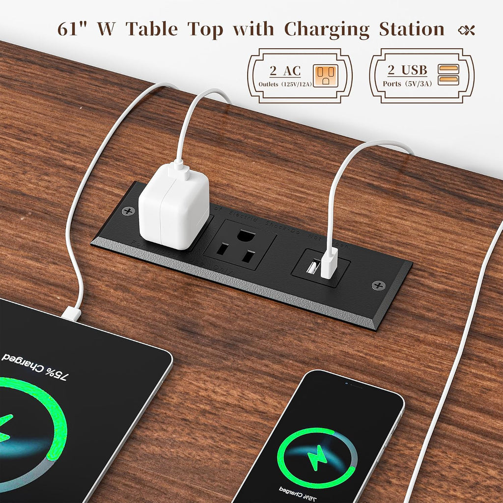 EnHomee 60.4' Computer Desk with Drawer & Power Outlet, Gaming Desk with LED Light, Farmhouse Desk Study Desk with Monitor Stand, Home Office Desk, Work Desk for Bedroom, Study Room, White