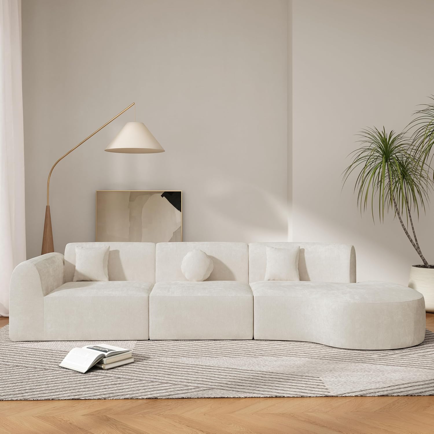 Merax 140' Curved Polyester Sectional Sofa Set, Modern Cloud Couch with Chaise Lounge & 3 Pillows, Fully Assembled for Living Room, Beige