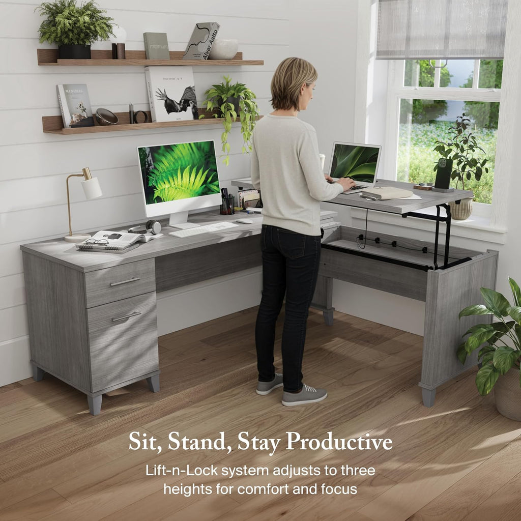 Bush Furniture Somerset 72W 3 Position Sit to Stand L Shaped Desk in Ash Gray