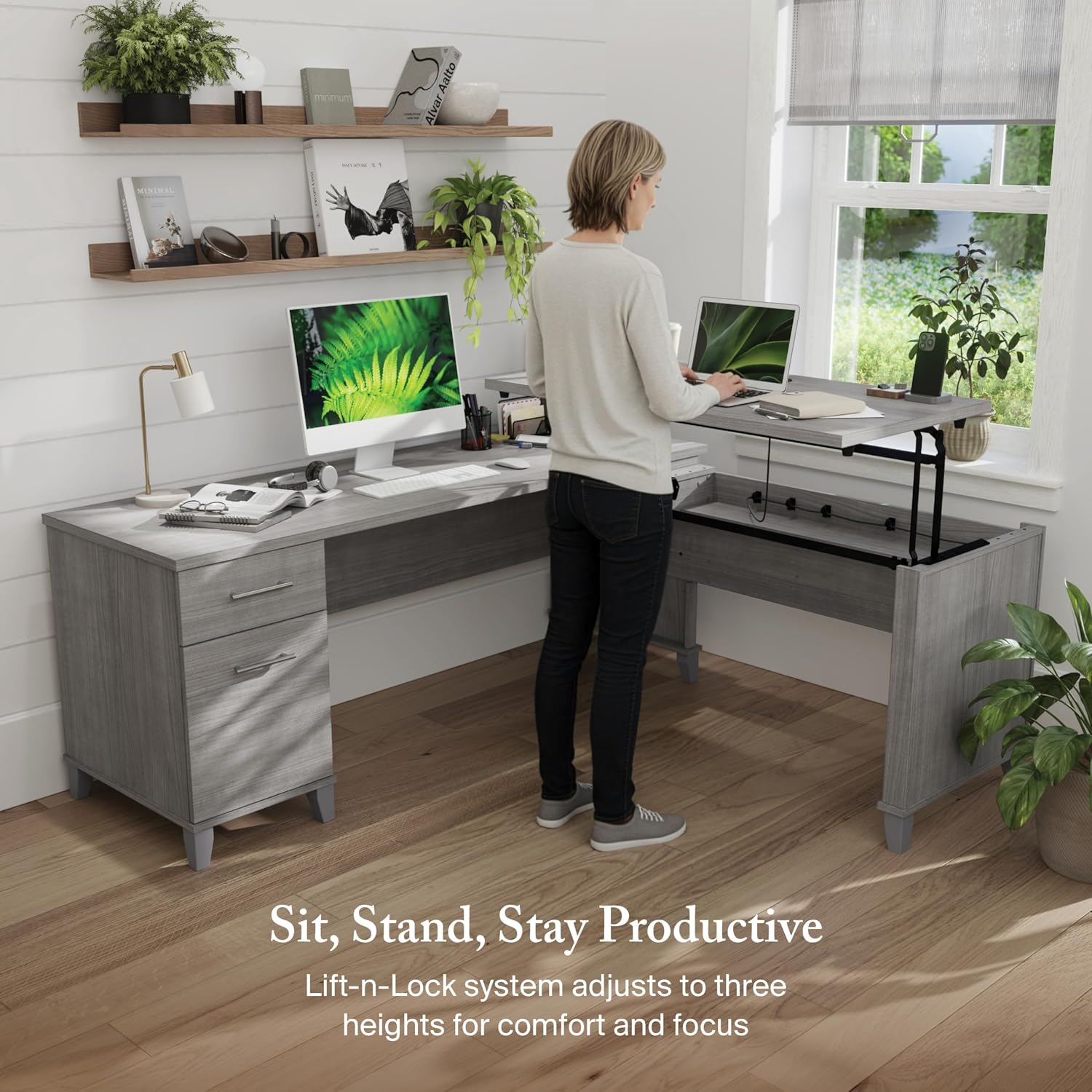 Bush Furniture Somerset 72W 3 Position Sit to Stand L Shaped Desk in Ash Gray