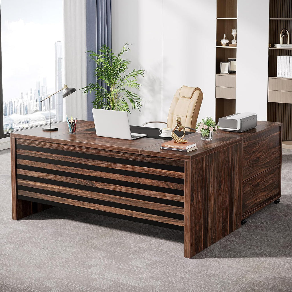 Tribesigns 62.2' Executive Desk with Mobile File Cabinet, L-Shaped Office Desk with Storage Shelves, Large Computer Table Business Workstation Set for Home Office, Dark Brown