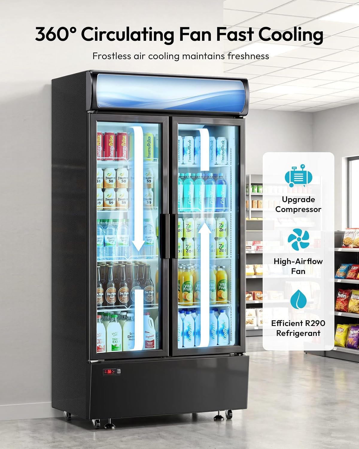 21 cu.ft Commercial Refrigerators, Beverage Fridge with LED Light, 2 Glass Door Drink Merchandiser with 8 Adjustable Shelves, 32-50°F Digital Control ETL Certified Black
