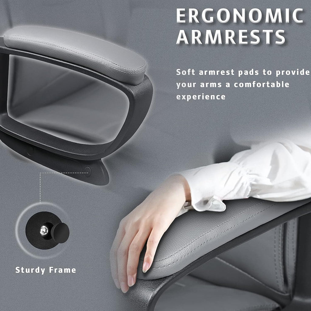 LEMBERI Office Desk Chair, Managerial Executive Chair, High Back Computer Chair, Ergonomic Height Adjustable PU Leather Chairs with Padded Armrest for Long Time Sitting, Grey