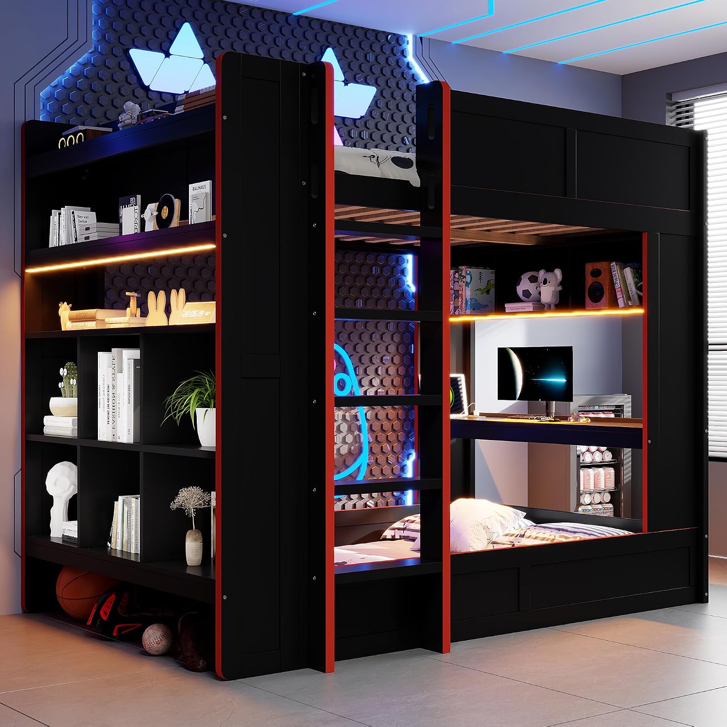 LUMISOL Full Size Gaming Loft Bed with Desk, Wood Bunk Bed Frame with Storage Shelves, LED and Charging Station, Black