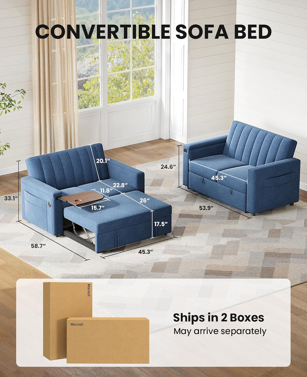 Marsail 3-in-1 Convertible Sofa Bed, 54' Sleeper Sofa with Solid Wood Side Table & Frame, Pull-Out Couch with USB Ports & Side Pockets, Loveseat Sofa with Adjustable Backrest, Blue