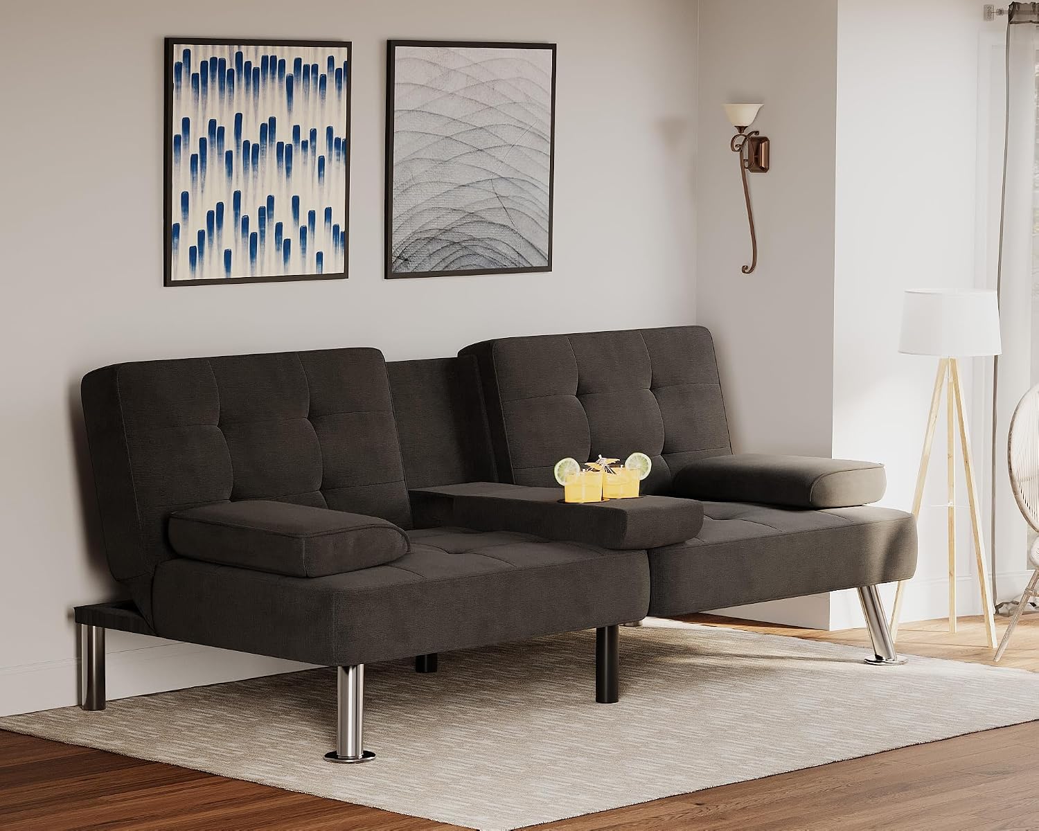 Flamaker Futon Sofa Bed Modern Folding Futon Set Linen Fabric Convertible Recliner Lounge for Living Room with 2 Cup Holders, Removable Armrests (Fabric, Carbon Black)