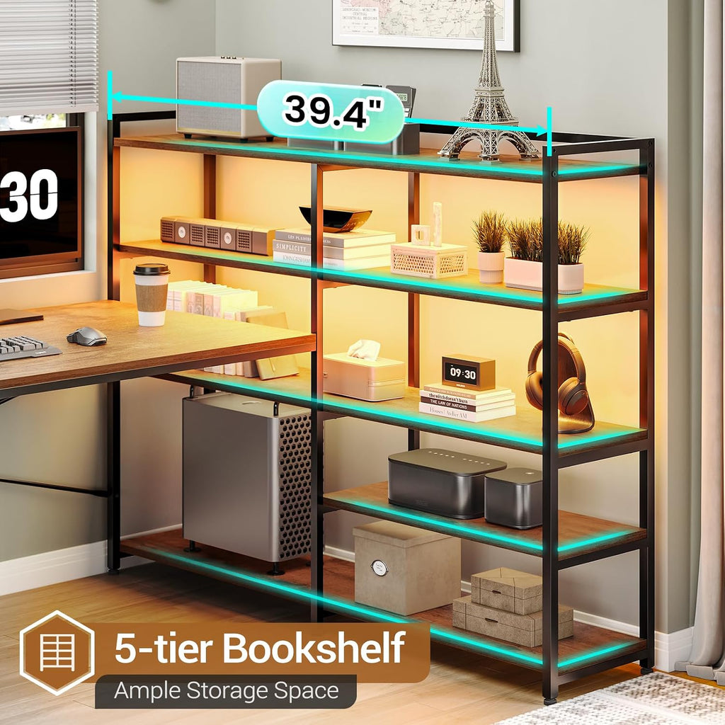 SEDETA L Shaped Desk with Storage Shelves, 64.5' Reversible U Shaped Office Desk with 3 Fabric Drawers, Gaming Desk with Power Outlet & LED Strip for Home Office, Rustic Brown