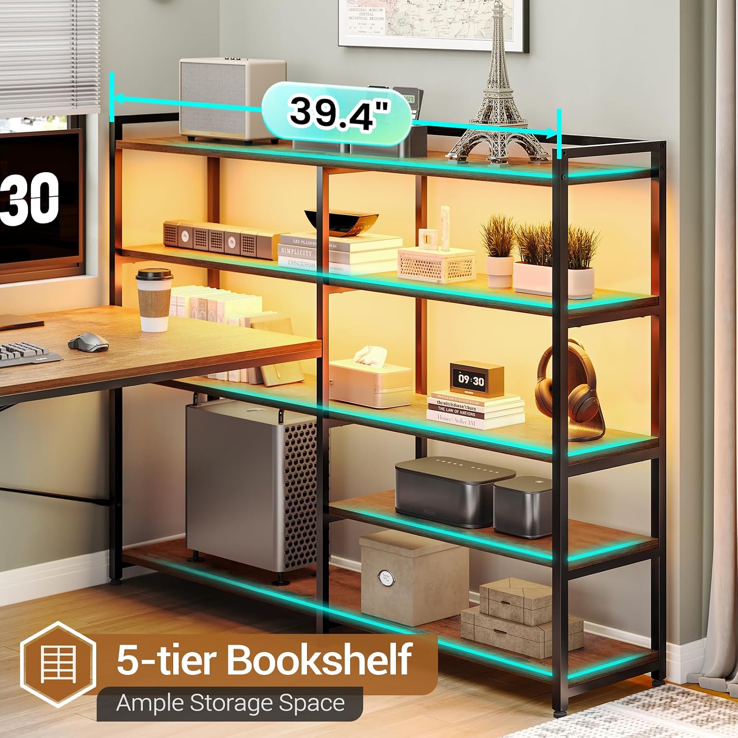 SEDETA L Shaped Desk with Storage Shelves, 64.5' Reversible U Shaped Office Desk with 3 Fabric Drawers, Gaming Desk with Power Outlet & LED Strip for Home Office, Rustic Brown