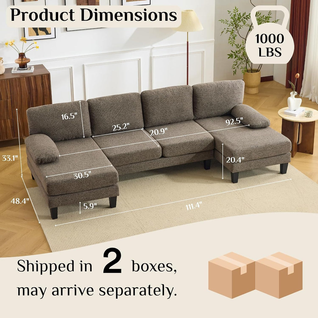 Karl home 110' U-Shape Sectional Couches for Living Room Chenille Upholstery 4 Seat Sofa Set with Double Chaises & Wood Grain Legs for Apartment, Brown