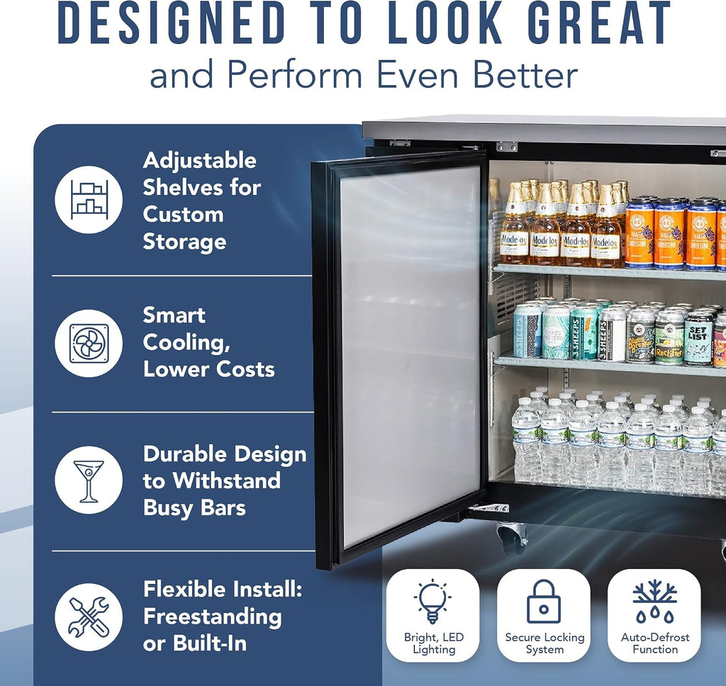 PEAKCOLD 1-Door Counter Height Beverage Refrigerator - 36' Wide Energy Efficient Solid Black Beer Cooler & Bar Fridge With White LED Lighting - Commercial Back Bar Cooler