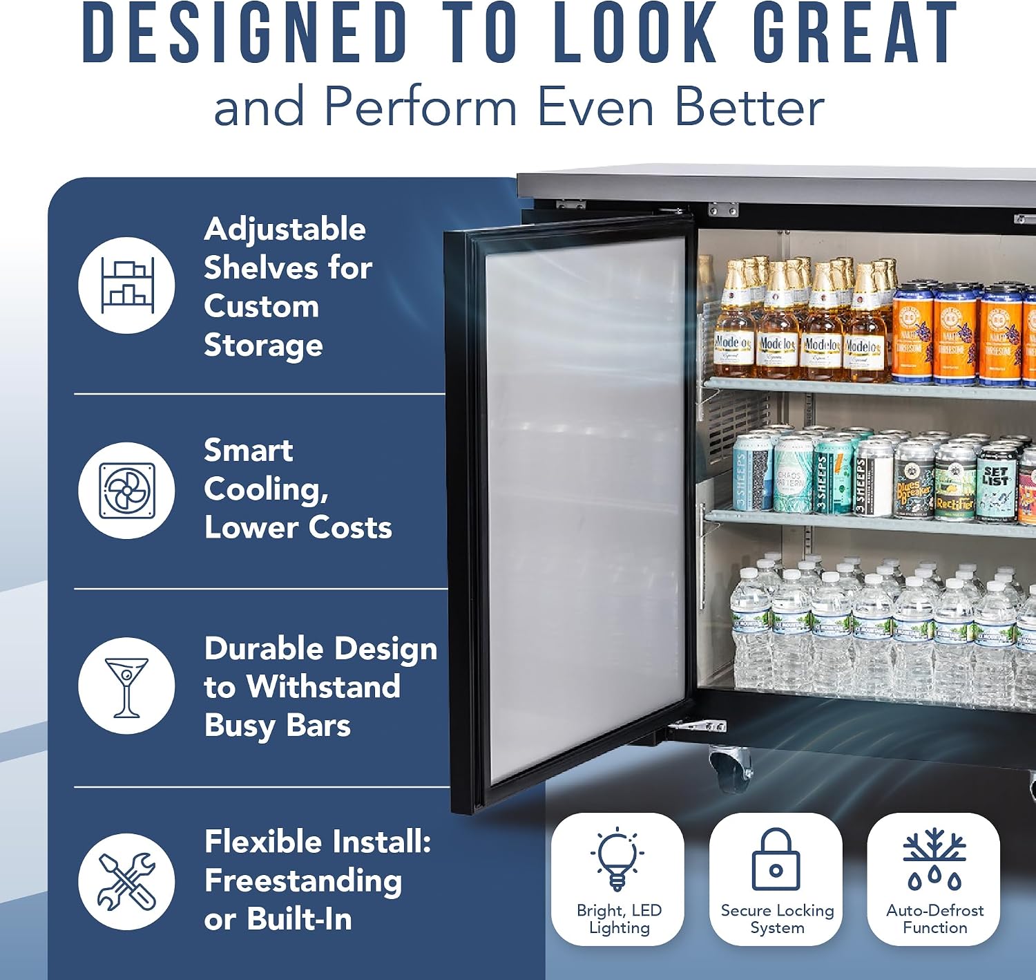 PEAKCOLD 1-Door Counter Height Beverage Refrigerator - 36' Wide Energy Efficient Solid Black Beer Cooler & Bar Fridge With White LED Lighting - Commercial Back Bar Cooler
