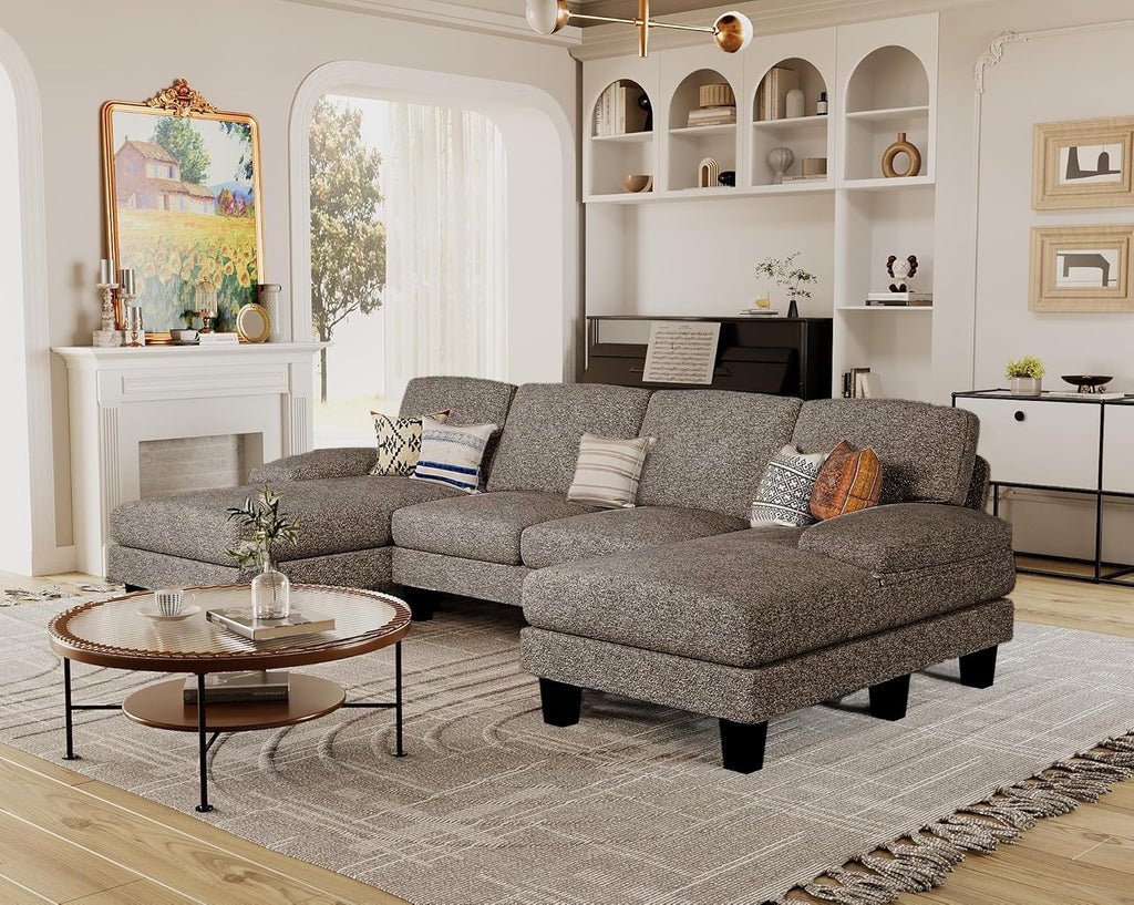 Furmax Sectional Couches for Living Room, U-Shaped Sofa Couch with Linen Fabric, 4 Seat Sofa Set with Double Chaise for Apartment (Loop Yarn, Pearl Gray)