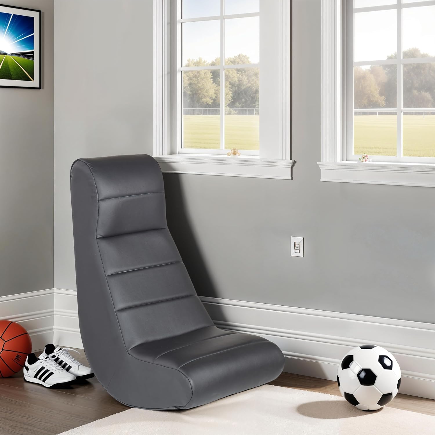 Factory Direct Partners Soft Ergonomic Horizontal Soft Floor Video Rocker - Cushioned Ground Chair Great for Reading, Gaming or Watching TV for Kids, Teens and Adults - Black, 10489-BK