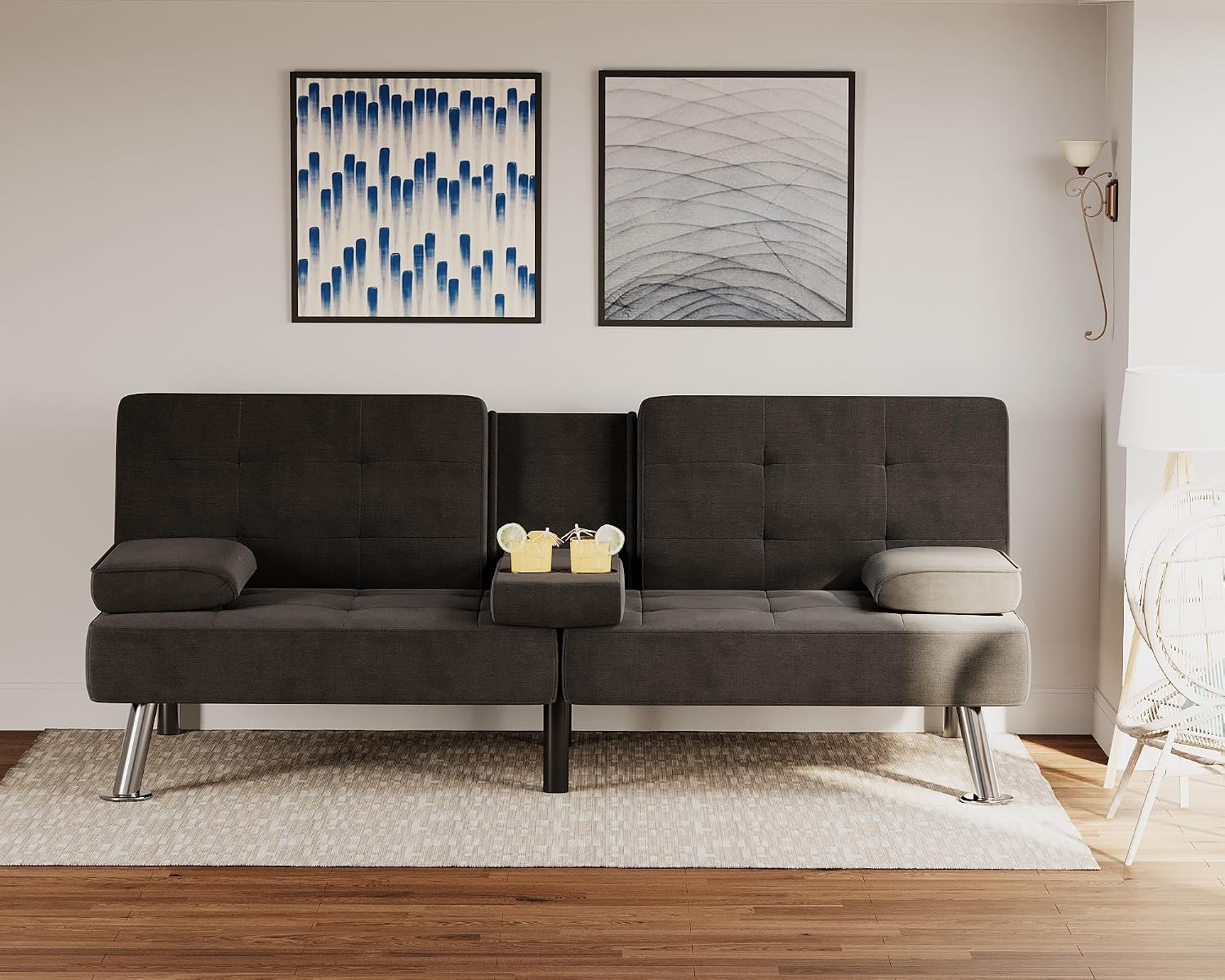 Flamaker Futon Sofa Bed Modern Folding Futon Set Linen Fabric Convertible Recliner Lounge for Living Room with 2 Cup Holders, Removable Armrests (Fabric, Carbon Black)