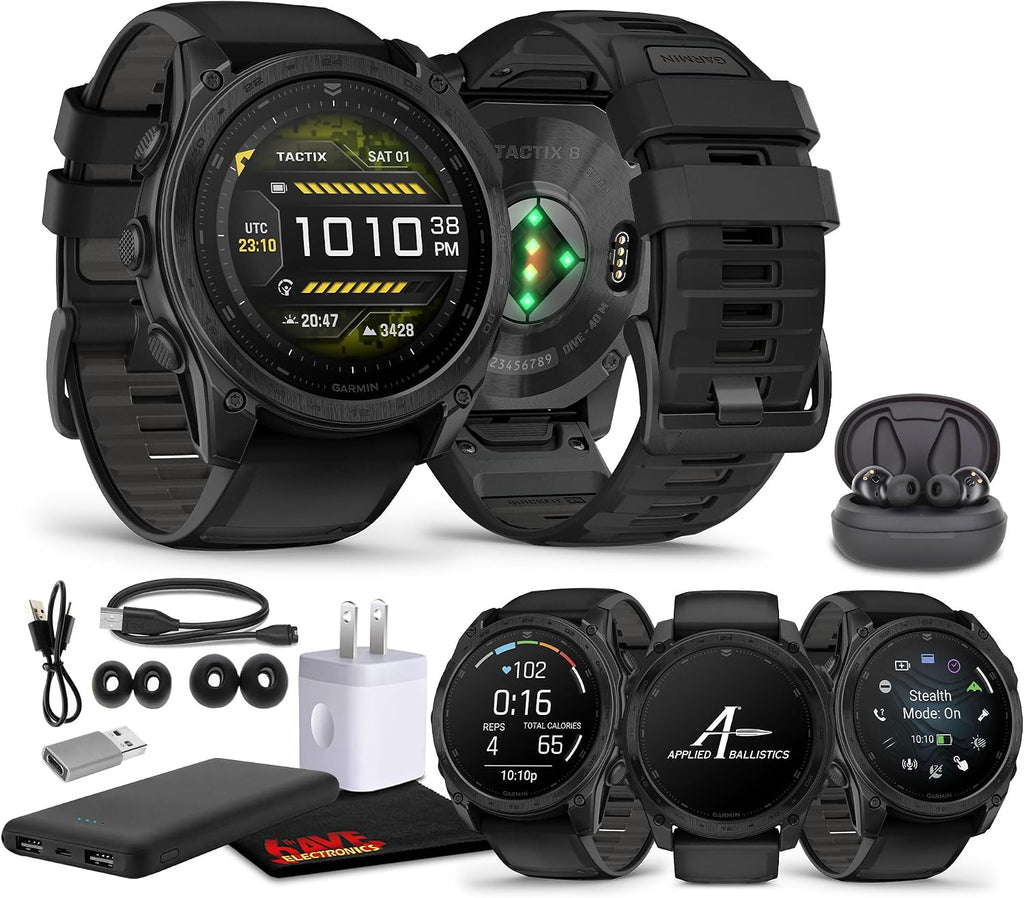 Garmin Tactix 8 51mm AMOLED Display Smart Watch, Built-in Flashlight, 29 Days Battery Life, Premium Tactical GPS Smartwatch, Includes Applied Ballistics Ultralight Solver Bundle with Earbuds and More