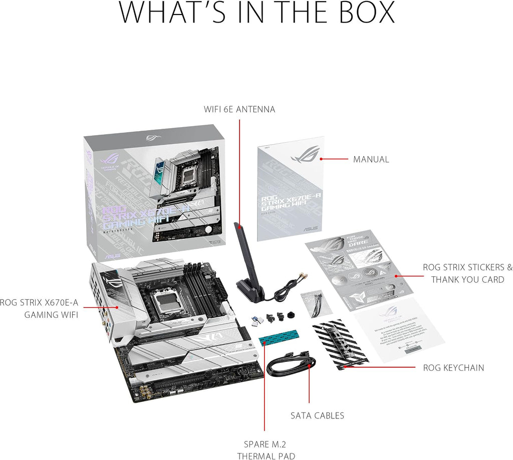 ASUS ROG STRIX X670E-A GAMING WIFI AMD X670 AM5 Ryzen™ Desktop 9000 8000 & 7000 ATX motherboard, 16+2 power stages, PCIe® 5.0, DDR5, 4x M.2 slots with heatsink, USB 3.2 Gen 2x2, WiFi 6E, AI Cooling II