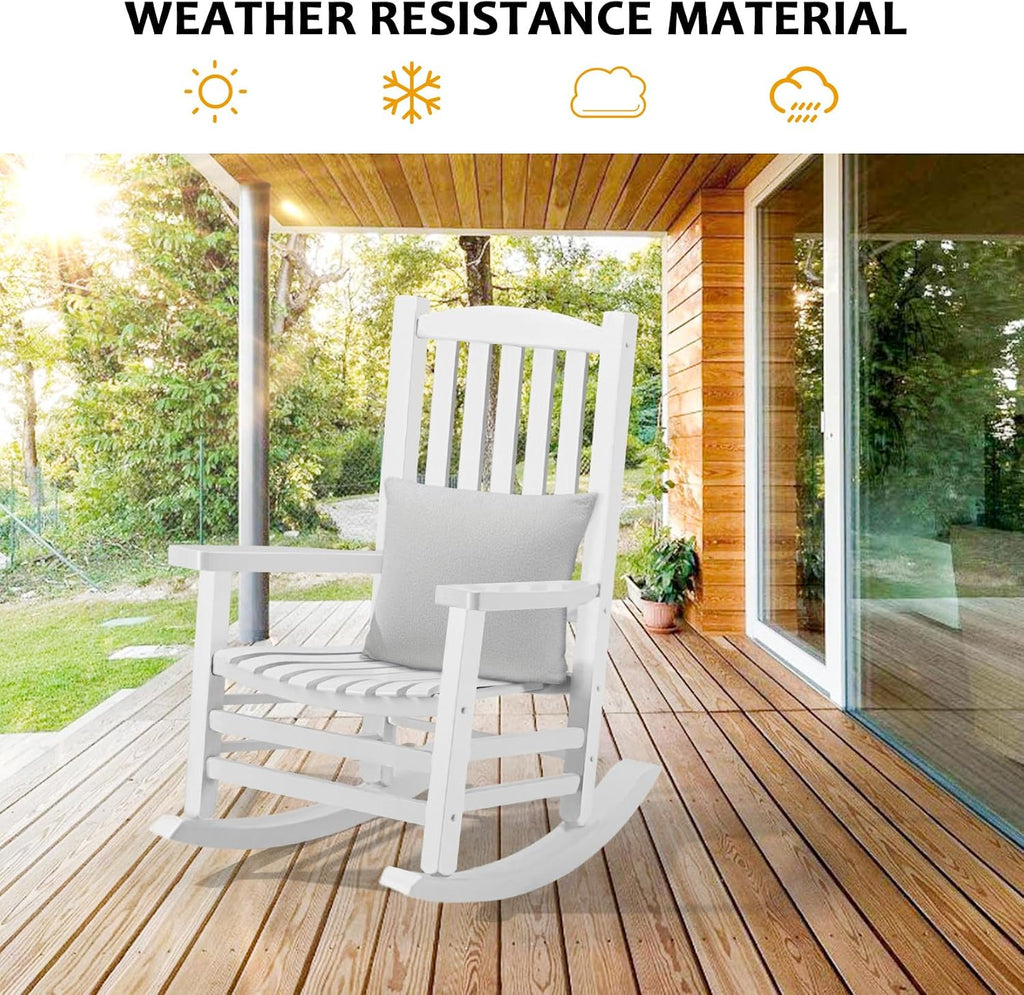 Hupmad Wooden Rocking Chair Outdoor Oversized Porch Rocker Chair,Patio Wooden Rocker with High Back and Armrest,All Weather Rocker Slatted for Backyard,Garden,400 lbs Support,White