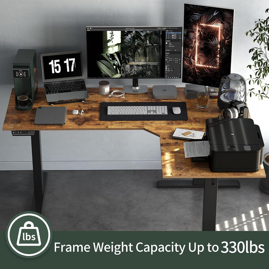 FEZIBO Triple Motor 63' L Shaped Standing Desk, Electric Standing Gaming Desk Adjustable Height, Corner Stand up Desk with Splice Board, Black Frame/Rustic Brown Top