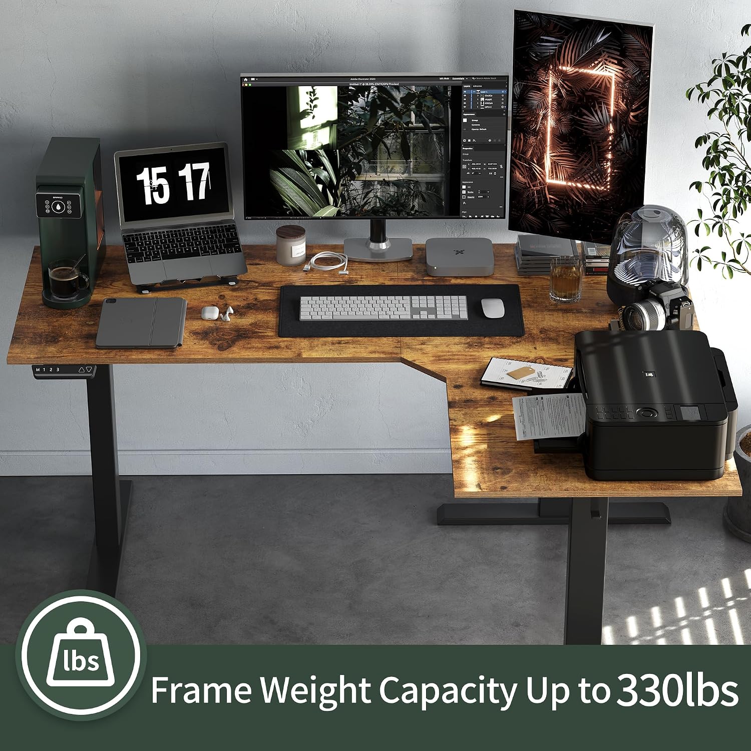FEZIBO Triple Motor 63' L Shaped Standing Desk, Electric Standing Gaming Desk Adjustable Height, Corner Stand up Desk with Splice Board, Black Frame/Rustic Brown Top