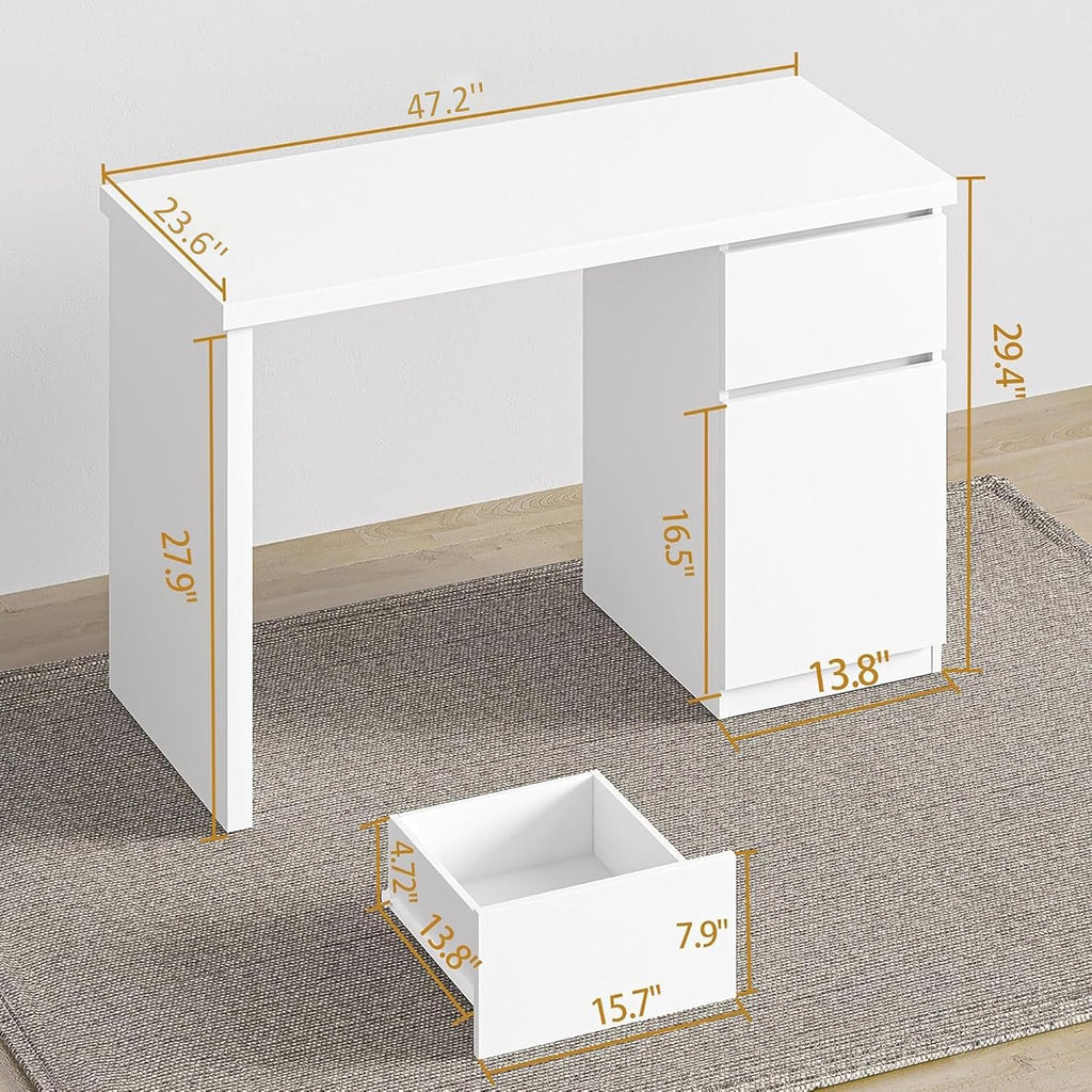 furtble White Desk with Drawers, 47 Inch Small Cute Desk for Bedroom, Home Office PC Desks Workstation Study Table Desks with Storage, White