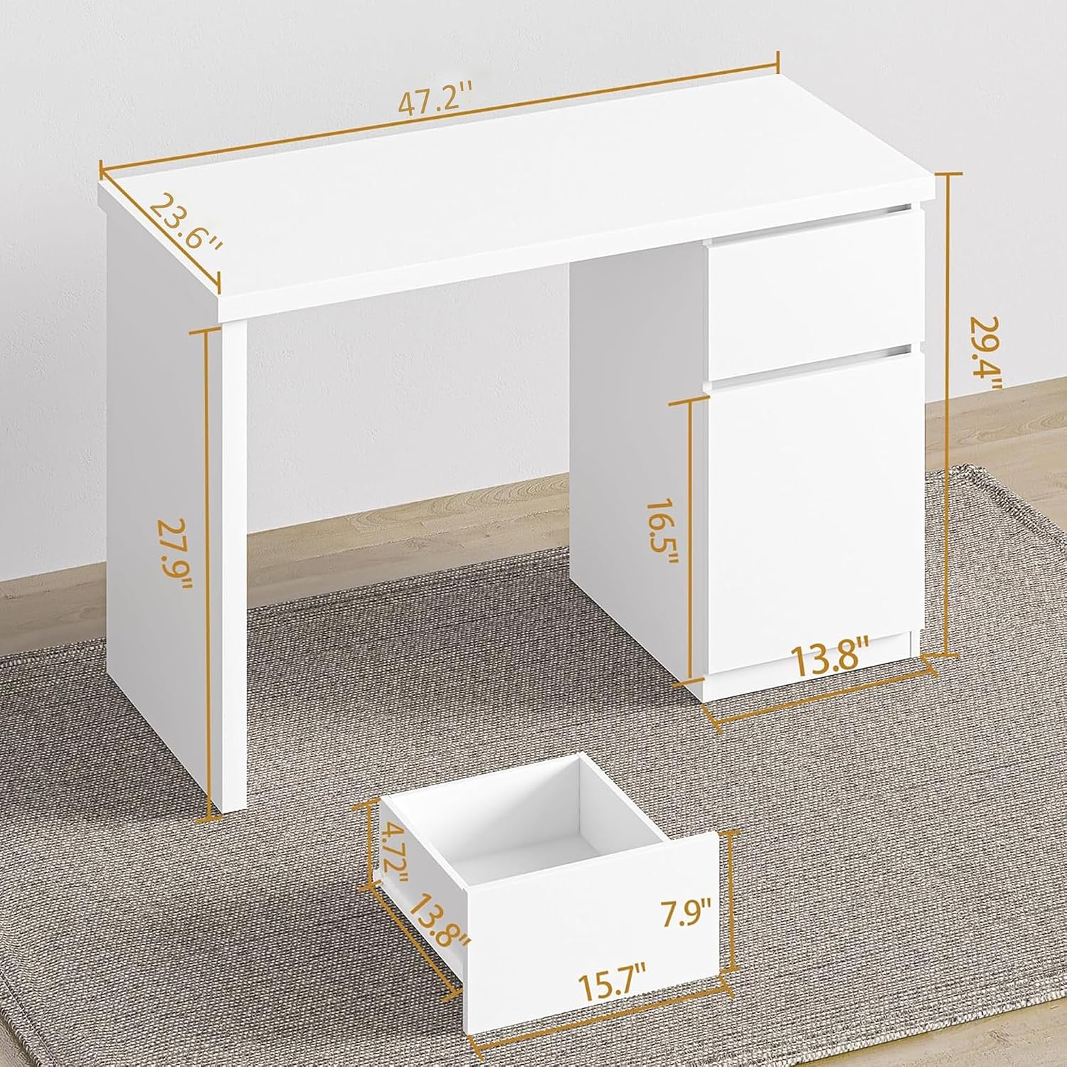 furtble White Desk with Drawers, 47 Inch Small Cute Desk for Bedroom, Home Office PC Desks Workstation Study Table Desks with Storage, White