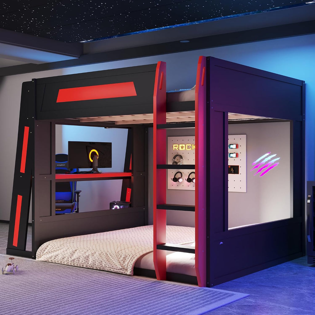 Queen Size Wooden Gaming Bunk Bed with Desk, Two Storage Shelves, USB and LED Light, Sturdy Loft Bed for Gamers & Small Spaces (Black+Red1)