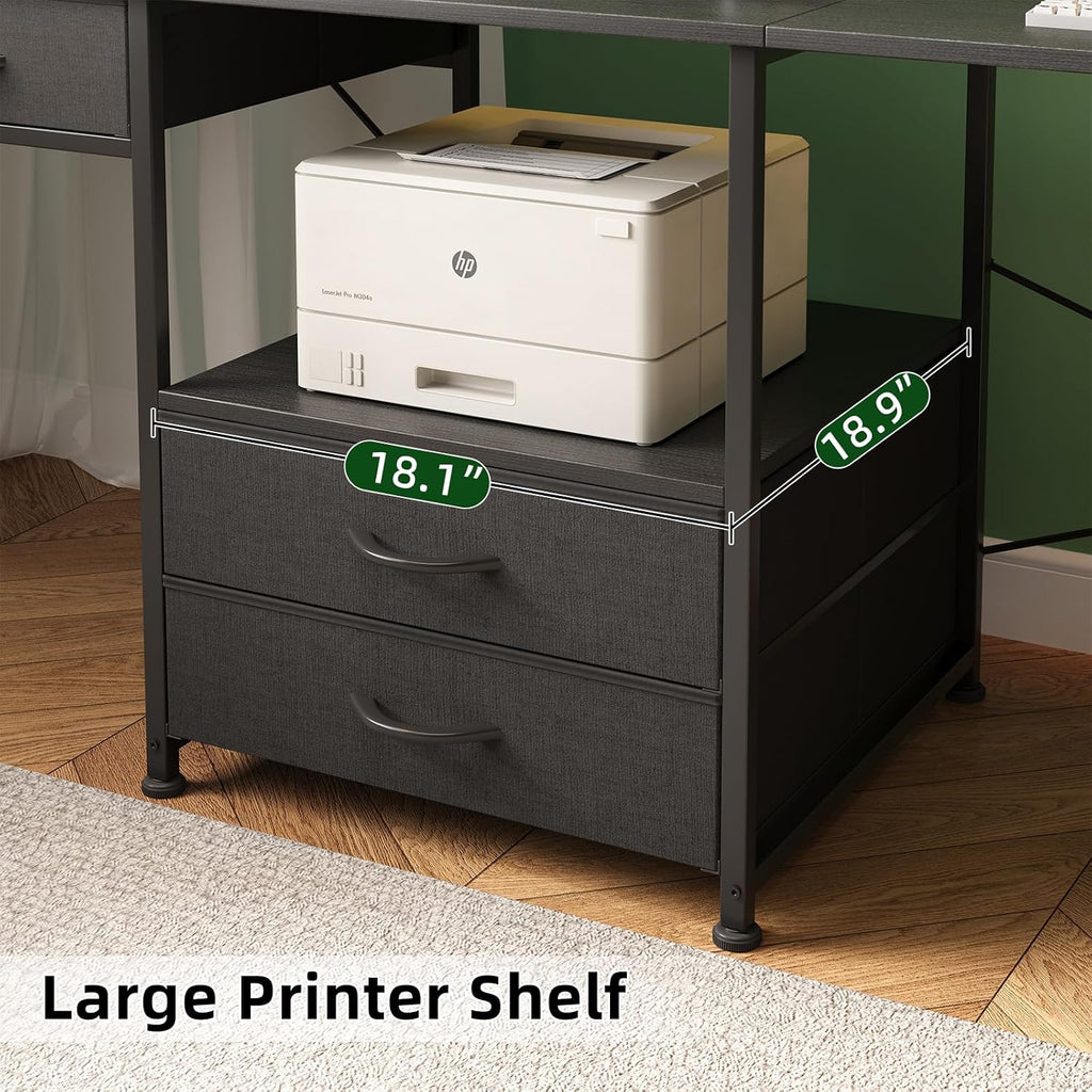 L Shaped Desk with 4 Fabric Drawers, 78.7' Home Office Desk with Printer Storage Shelf & Power Outlet, Two Person Desk with Monitor Shelf, Corner Computer Desk, Gaming Desk with Led Lights, Black