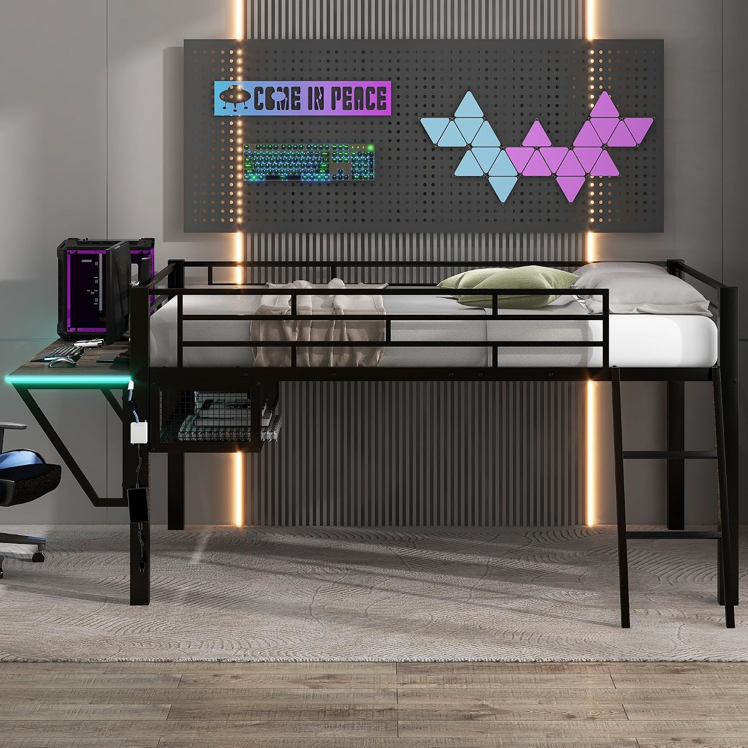 SOFTSEA Twin Size Low Loft Bed with Desk & LED Light, Metal Gaming Loft Bed with Desk and Storage Space for Kids Teens, Black