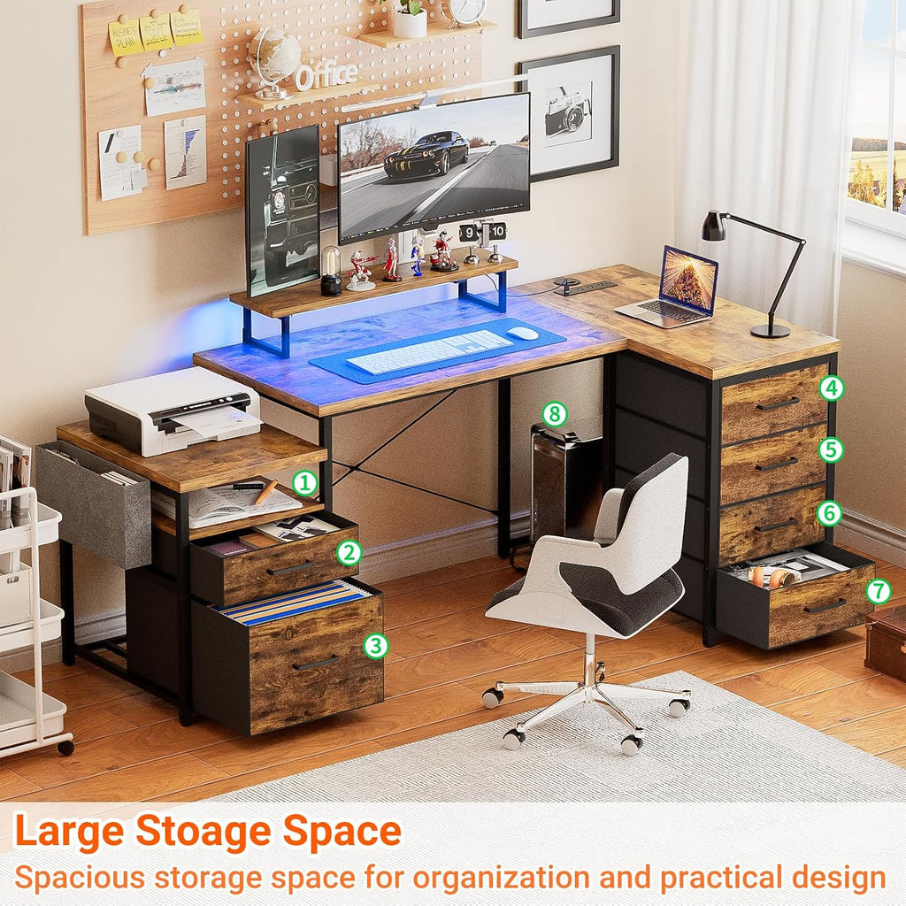 Unikito Reversible L Shaped Computer Desk with Fabric File Drawers, 70.8' Large Office Desk with RGB LED Lights & Power Outlets & Monitor Stand & CPU Stand, Sturdy Corner Gaming Desk, Rustic Brown