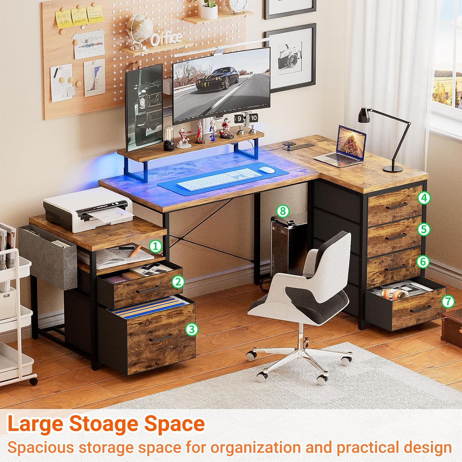 Unikito Reversible L Shaped Computer Desk with Fabric File Drawers, 70.8' Large Office Desk with RGB LED Lights & Power Outlets & Monitor Stand & CPU Stand, Sturdy Corner Gaming Desk, Rustic Brown