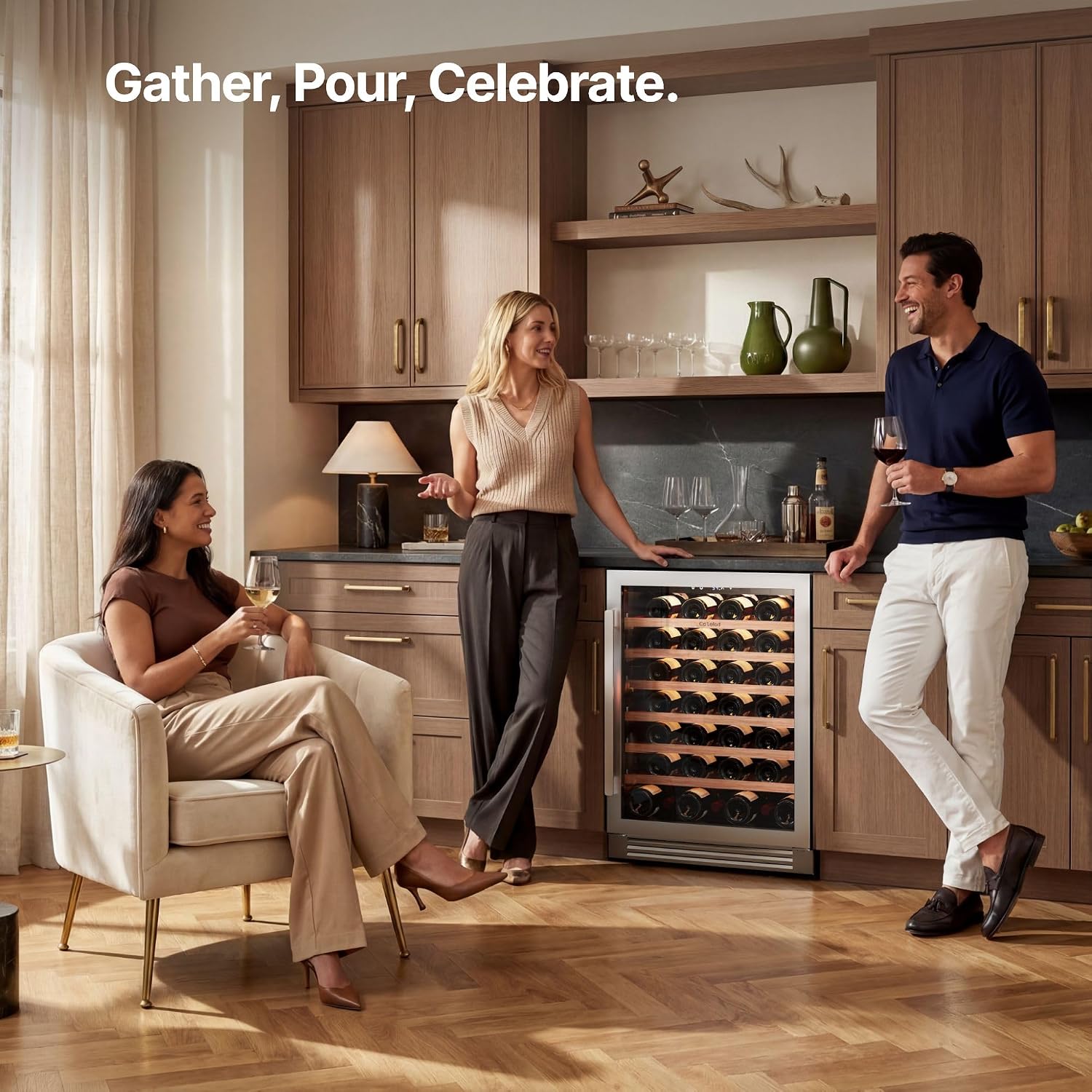 Ca'Lefort 24 Inch Wine Fridge, 61 Bottles 40-65°F Wine Cooler, Adjustable Shelves & 3 LED Light, Wine Refrigerator with Glass Door, Built-in Under Counter Freestanding for Home/Kitchen/Bar