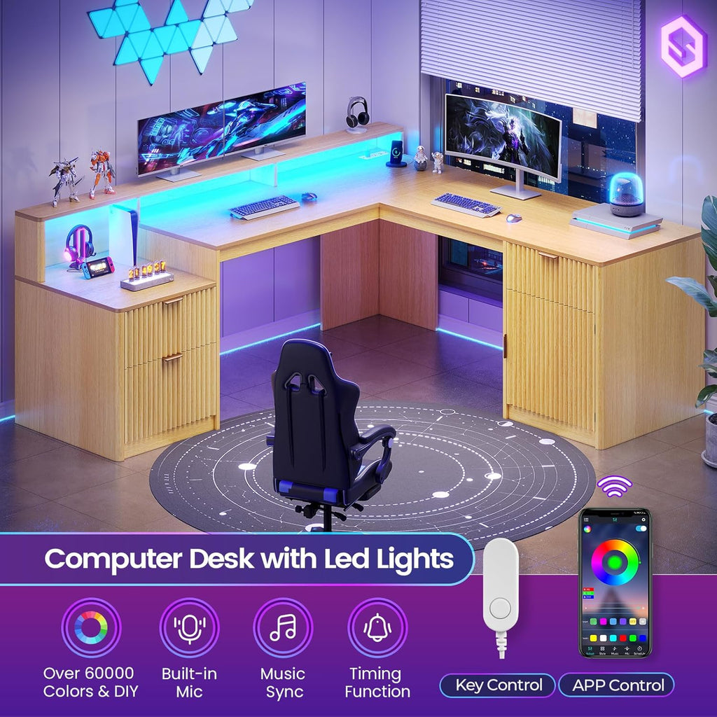 SEDETA 66' Modern L Shaped Desk with Drawers, Fluted Home Office Desk with File Cabinet and Printer Shelf, Wood Executive Desk with Monitor Stand, Power Outlets, Led Lights, Oak